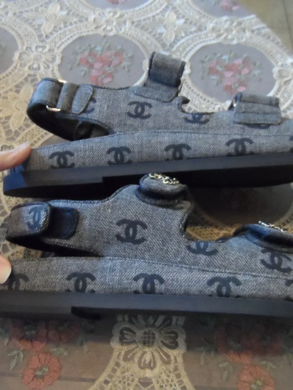 New Chanel Gray Signature Jacquard Grandpa Sandals Size 38.5B